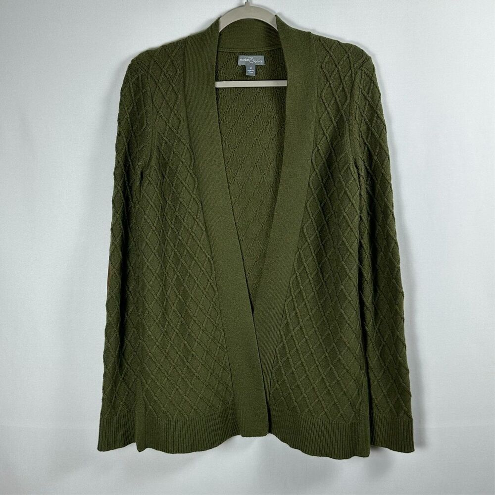 Market & Spruce Diamond Knit Cardigan M Olive Green Preppy Academia Elbow Patch‎